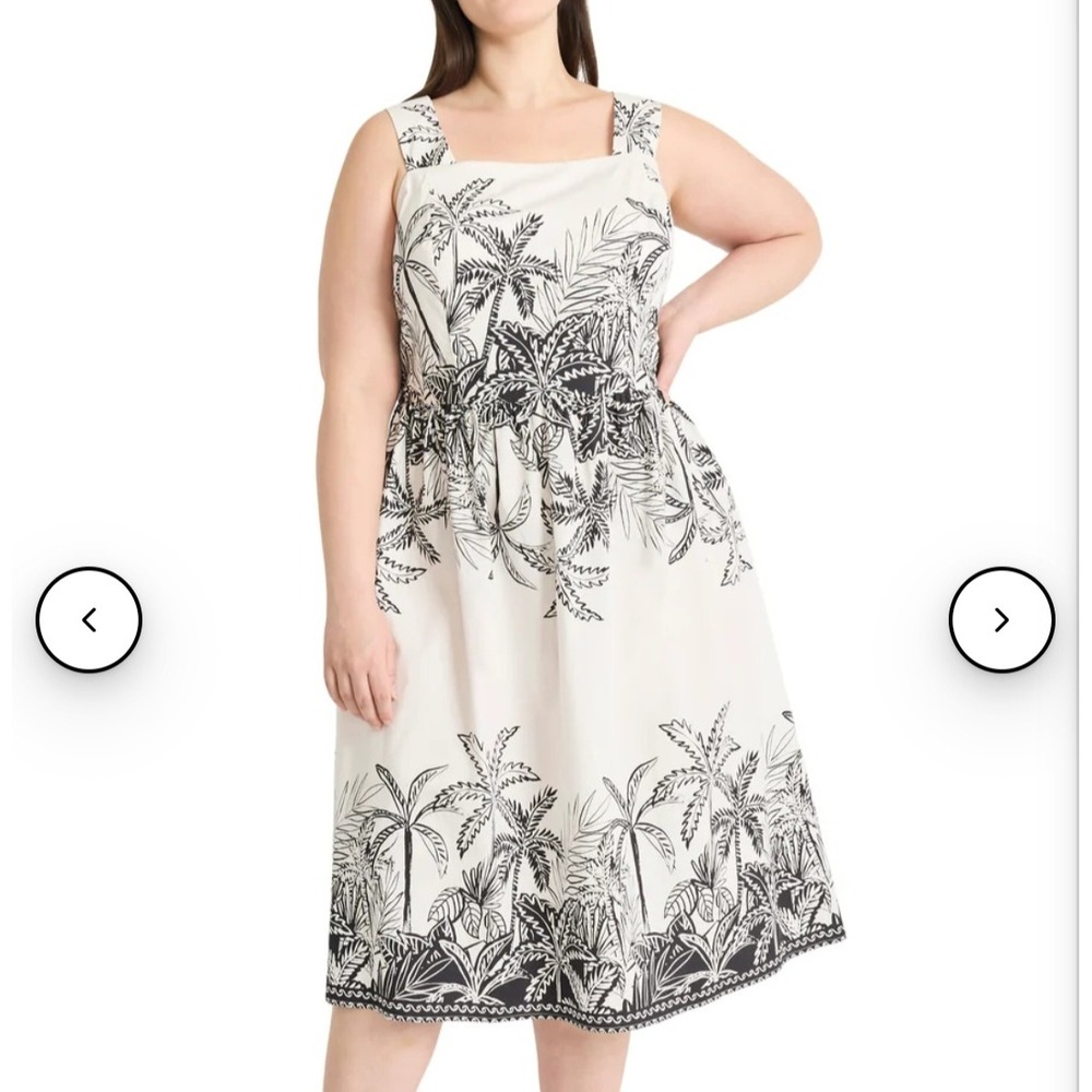 Maggy London Dress‎ Womens 16 White Black Tropical Palm Print Fit Flare Summer